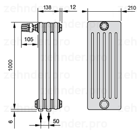 Схема (чертеж) Радиатор Zehnder Charleston 6100/3 №V007 Белый глянцевый RAL 9016